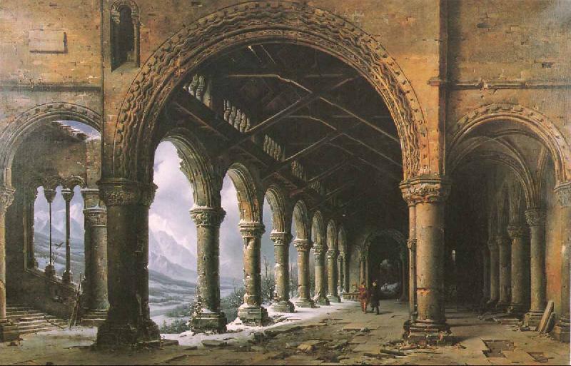louis daguerre The Effect of Fog and Snow Seen through a Ruined Gothic Colonnade France oil painting art